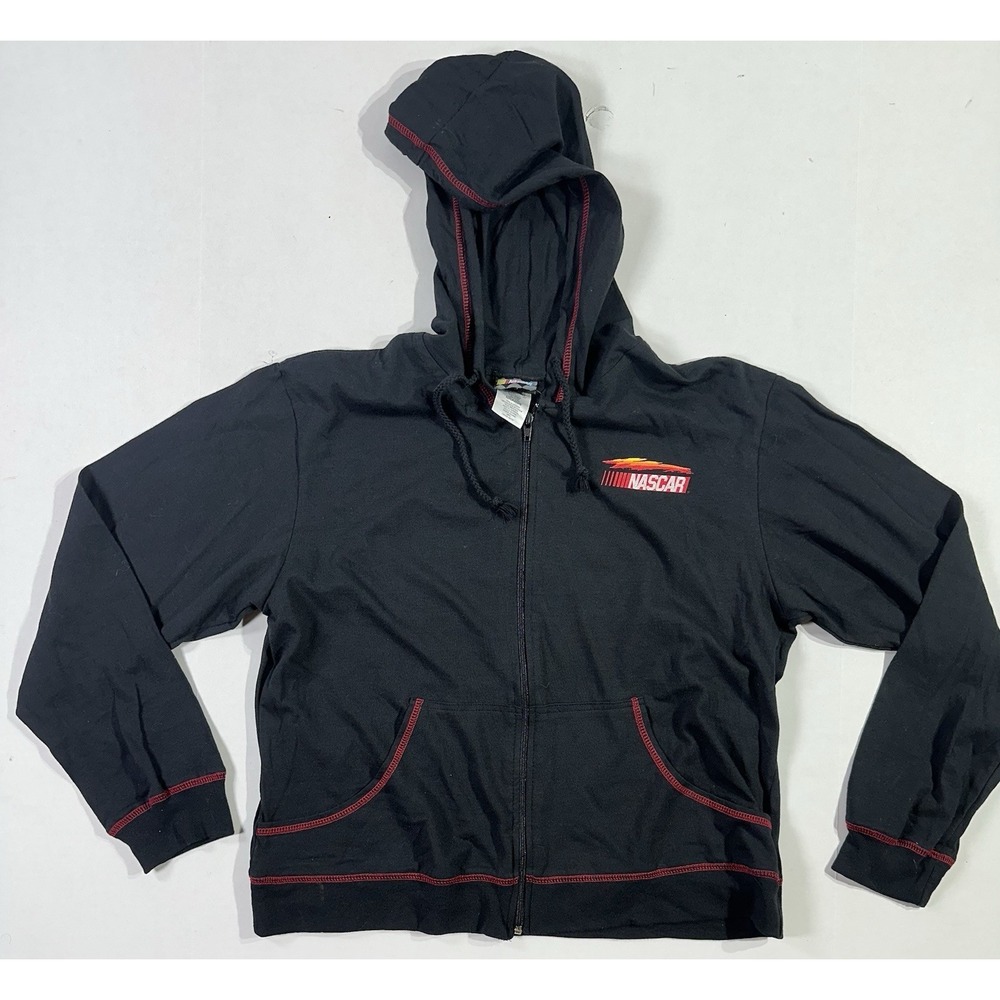 Vintage NASCAR Hoodie Black Zip Up Jerry Leigh Sz L Racing Flames Logo